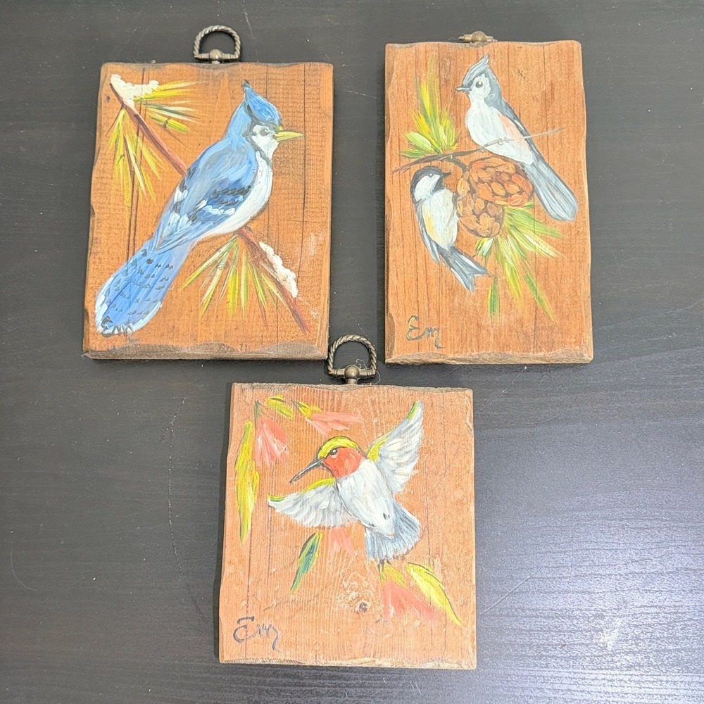 Vintage Hand Painted Bird Wood Plaques Set of 3 Blue Jay Hummingbird Signed EM